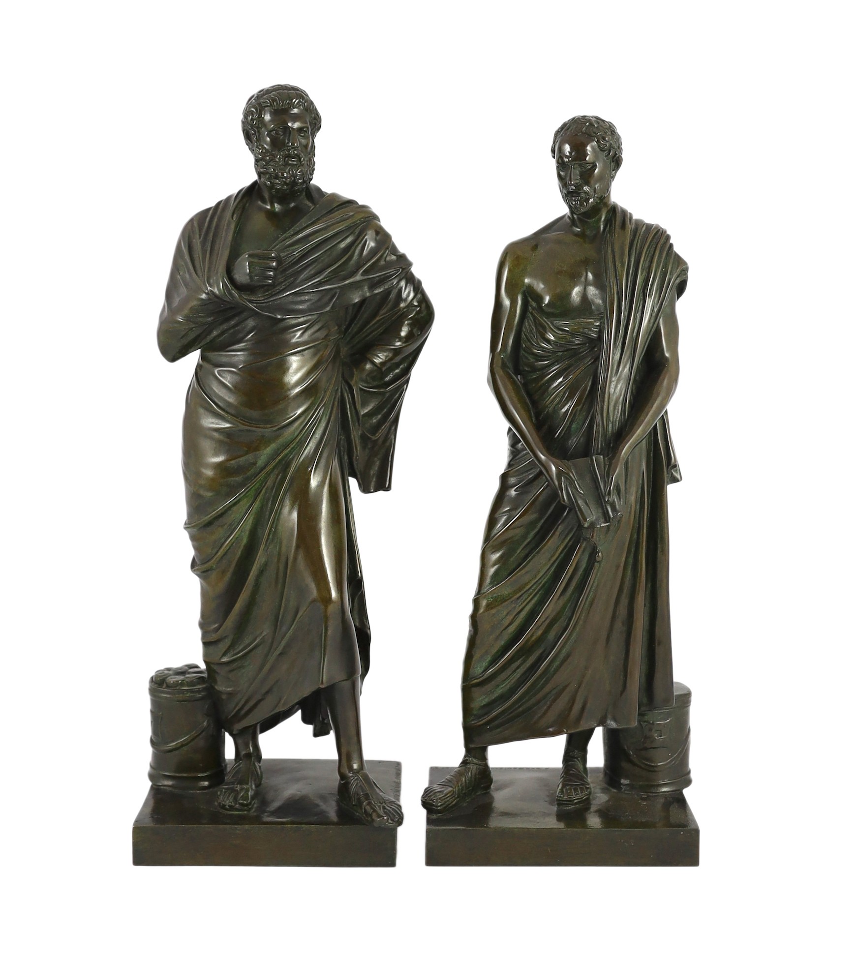 Ferdinand Barbedienne (French, 1810-1892). A pair of bronze figures of Sophocles and Demosthenes, height 43cm and 41cm